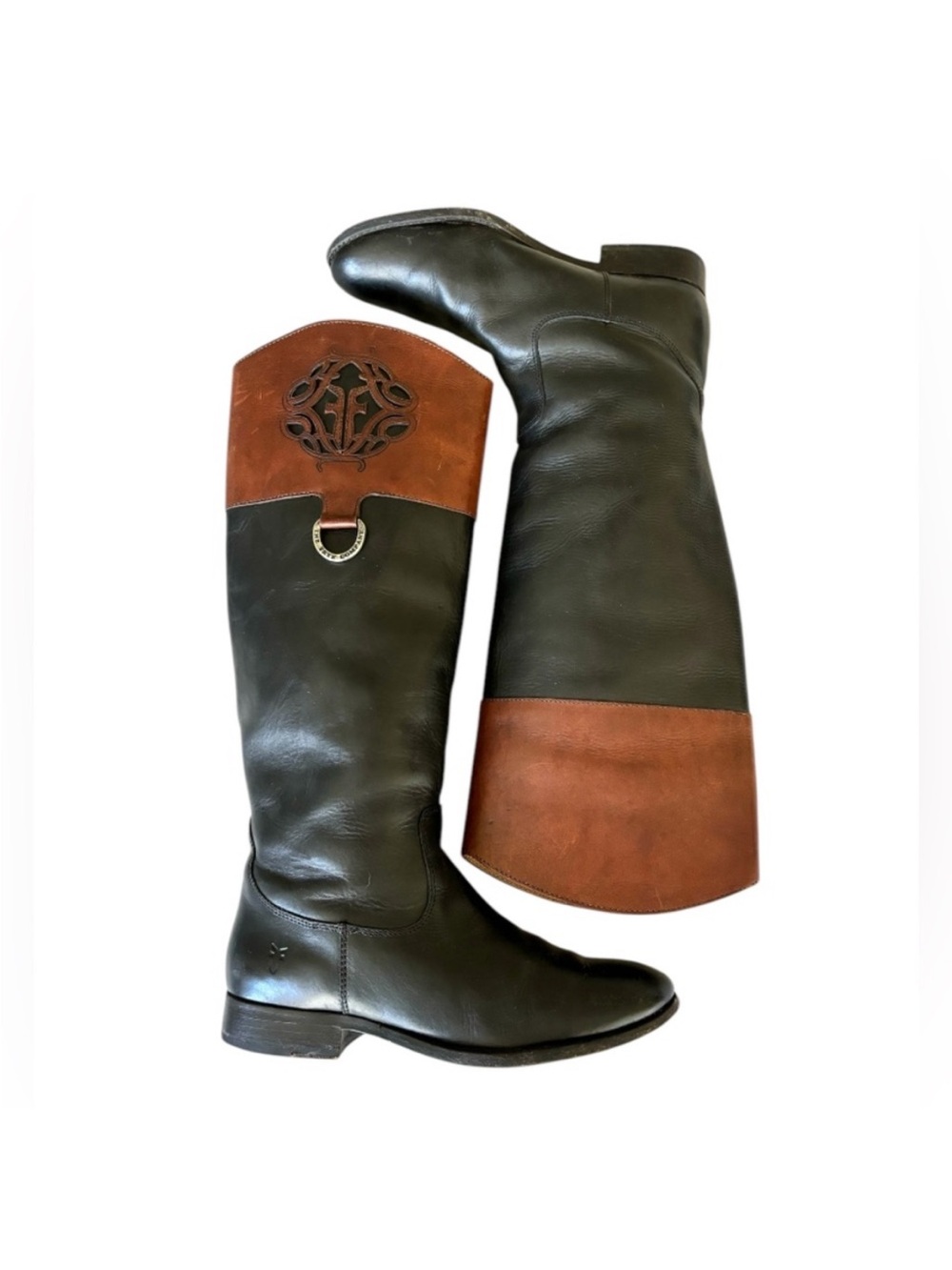 Frye Melissa Logo Black Brown Tall Leather Riding Boots Size 8.5 - Picture 4 of 14